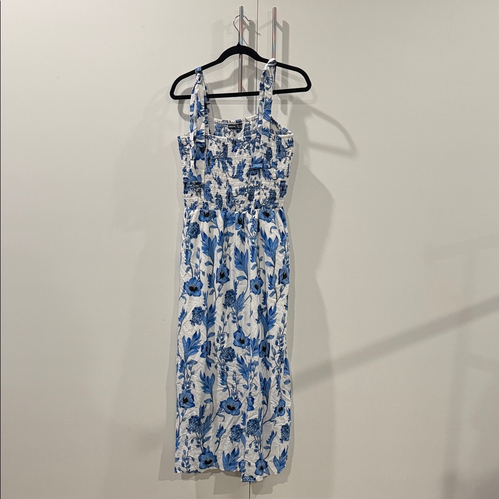 SHEIN White and Blue Floral Smocked Midi Dress